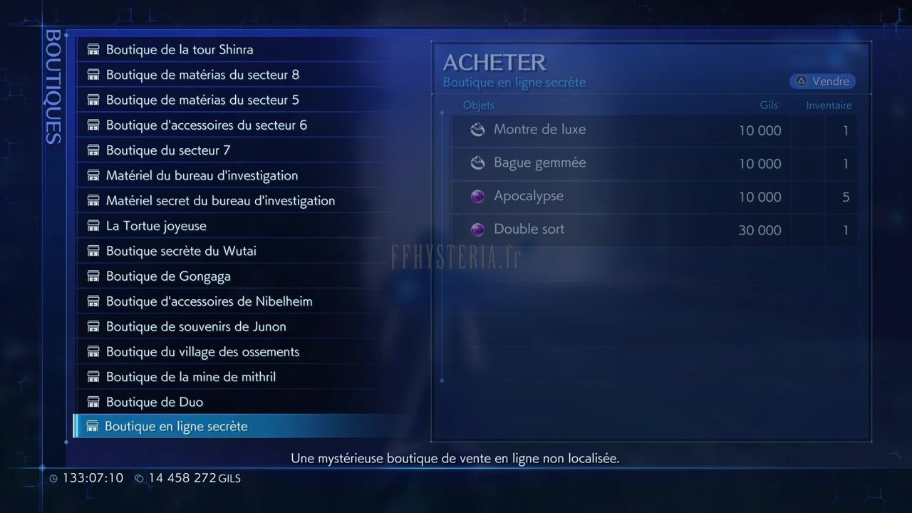 Le réseau de boutiques dans le menu : chaque enseigne débloquée s'ajoute à la liste, et celle qu'on sélectionne affiche ses articles et leurs prix à droite.