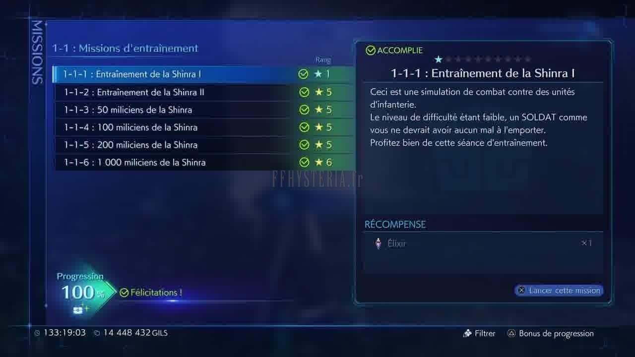 L'écran des missions : la série 1-1 « Missions d'entraînement », la fiche de la mission choisie et sa récompense.