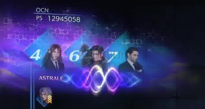 Les trois rouleaux de l'OCN en plein combat : un chiffre et un portrait par rouleau, le compteur de PS au-dessus et l'émotion du moment, ici « Astrale », en dessous.