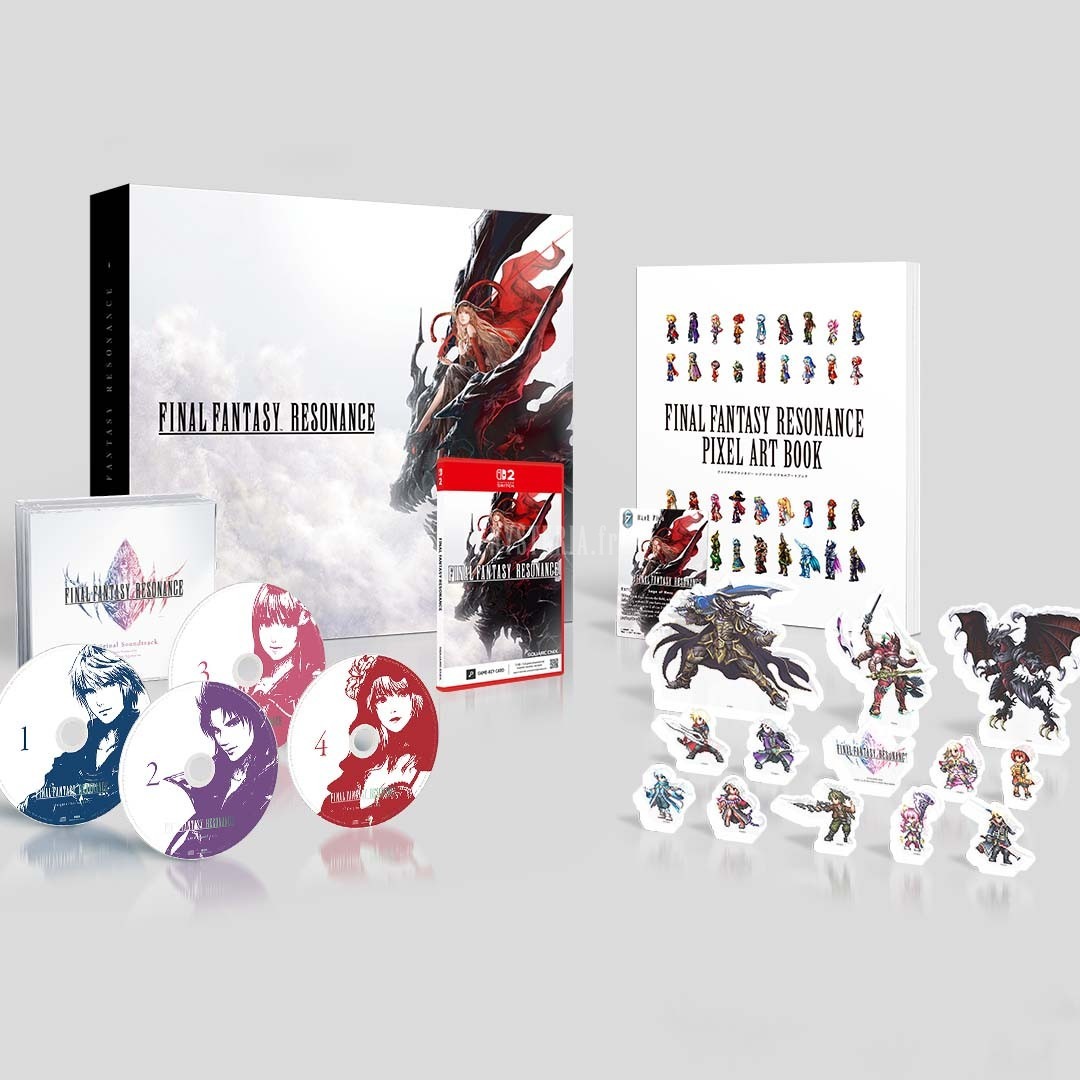 Le contenu du coffret Collector : les quatre disques de la bande originale, l'artbook en pixel art et les figurines acryliques.
