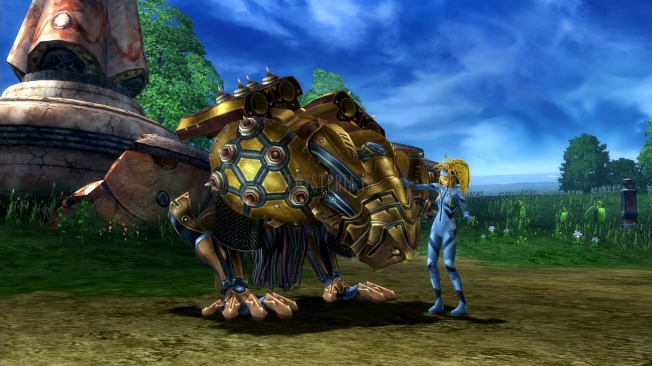 Machina Maw : Rikku aux côtés de la machina dorée hérissée de canons