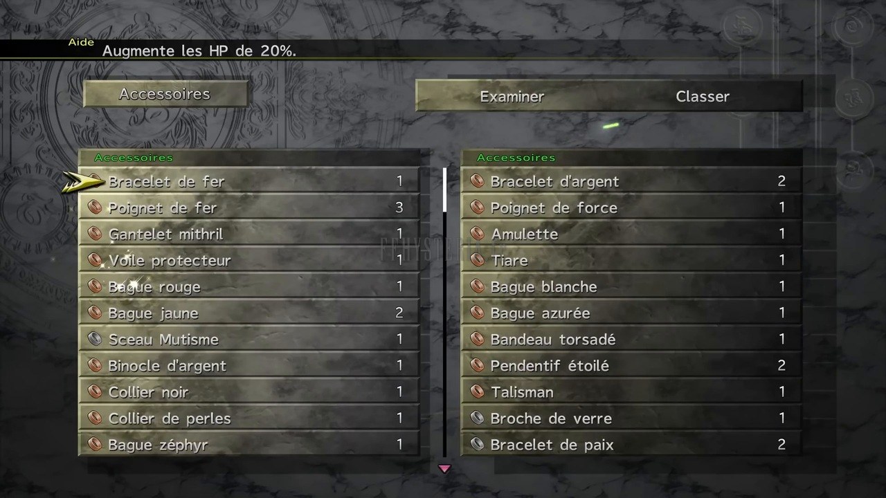 L'écran des accessoires de FFX-2, le seul emplacement d'équipement du jeu avec la grille de tenues