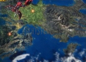 L'écran de destination du Celsius : le vaisseau survole la carte de Spira, les lieux à événement signalés par un point lumineux