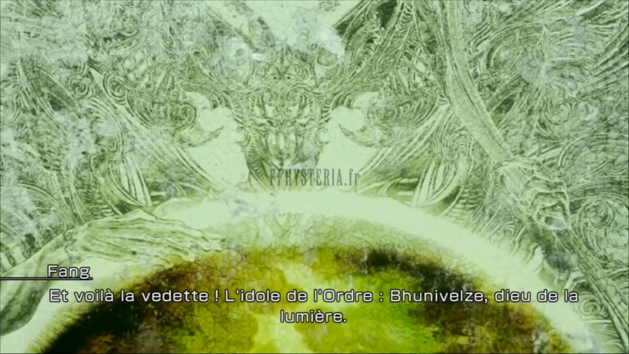 La fresque de Bhunivelze dans le temple des Dunes de la mort ; Fang : « Et voilà la vedette ! L'idole de l'Ordre : Bhunivelze, dieu de la lumière. »