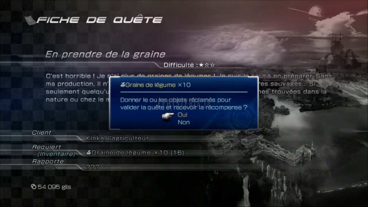 La remise des objets réclamés : le jeu demande confirmation avant de valider la quête.