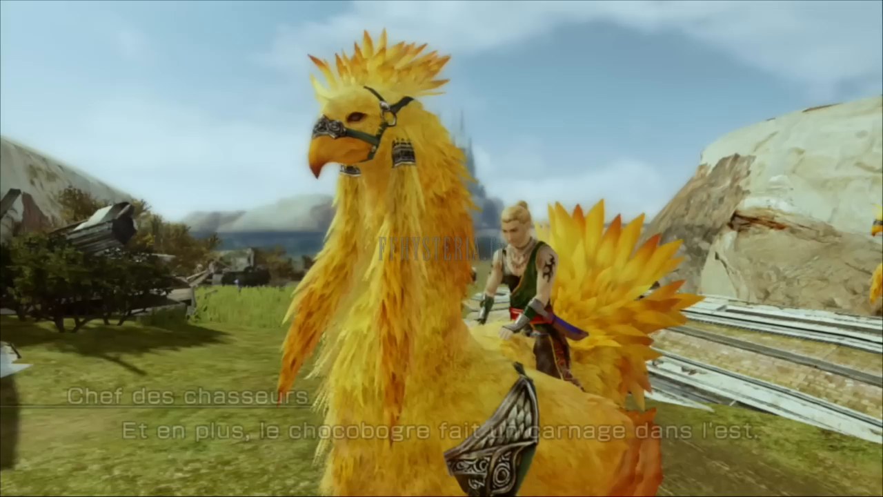 Le chef des chasseurs, juché sur un chocobo jaune, dans les plaines des Terres sauvages.