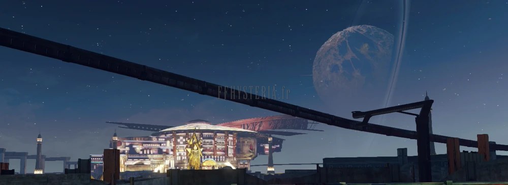 Le Quartier Industriel de Yusnaan la nuit, avec le palais du Patron posé sur ses piliers à l'horizon.