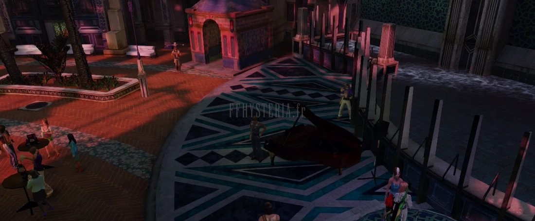 La place au piano de Yusnaan, dallage bleu et rouge sous les lampions : le décor d'une des quêtes annexes de la cité.