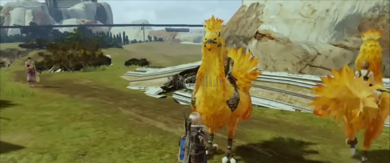 Les chasseurs de Jagd, chacun sur son chocobo harnaché, à l'arrêt devant les débris de la plaine : leur chef met Lightning en garde.