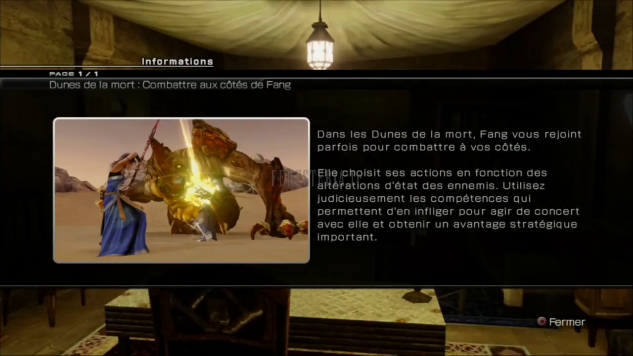 L'écran d'aide qui l'annonce : dans les Dunes de la mort, Fang rejoint parfois Lightning au combat.