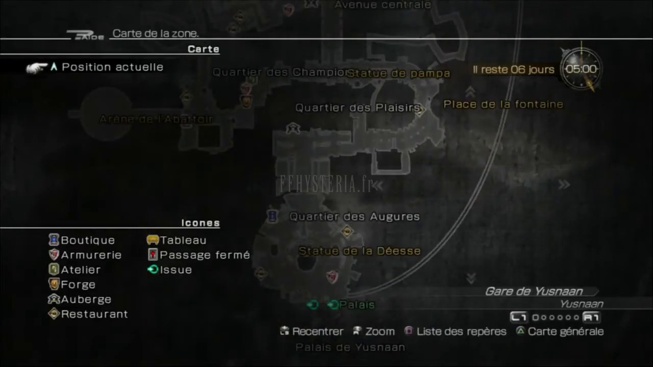 Le sud de Yusnaan sur la carte du jeu : le Quartier des Champions, le Quartier des Plaisirs, la Place de la fontaine, puis le Quartier des Augures et la Statue de la Déesse devant le Palais.