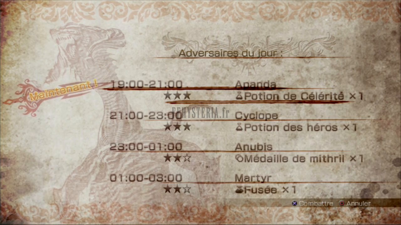 Le programme affiché du Colisée de Yusnaan, « Adversaires du jour » : quatre créneaux de deux heures entre 19h00 et 3h00, un adversaire et une récompense différents pour chacun.