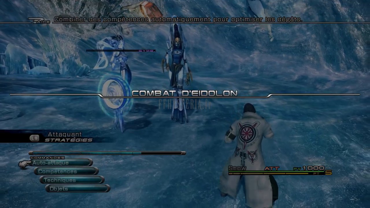 Le bandeau « Combat d'Eidolon » : Snow affronte les sœurs Shiva, dont la jauge s'affiche au-dessus d'elles.
