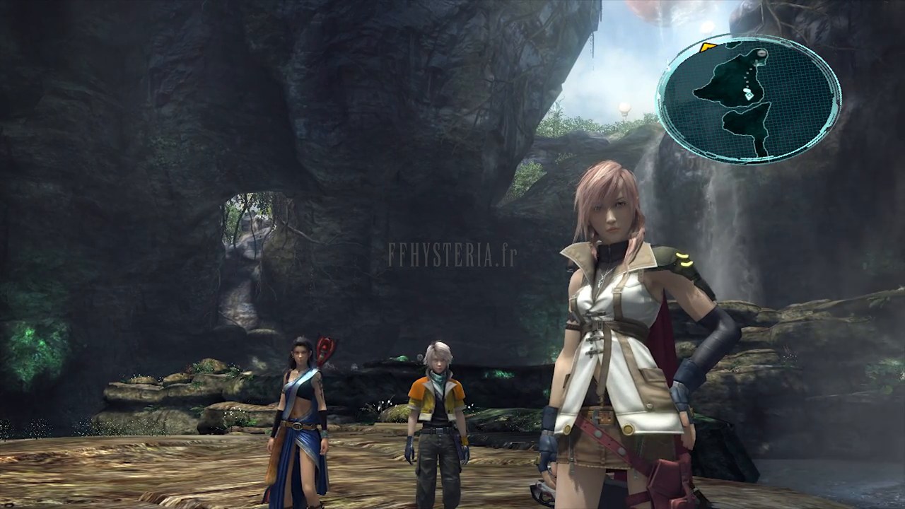 Lightning, Fang et Hope dans la grotte des Sources de Sulyya, au pied des cascades.