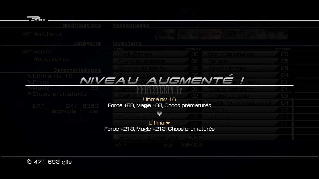 L'écran de montée de niveau d'une arme — ici l'Ultima Weapon de Lightning (« Ultima » à l'écran), qui atteint son niveau maximal (★)