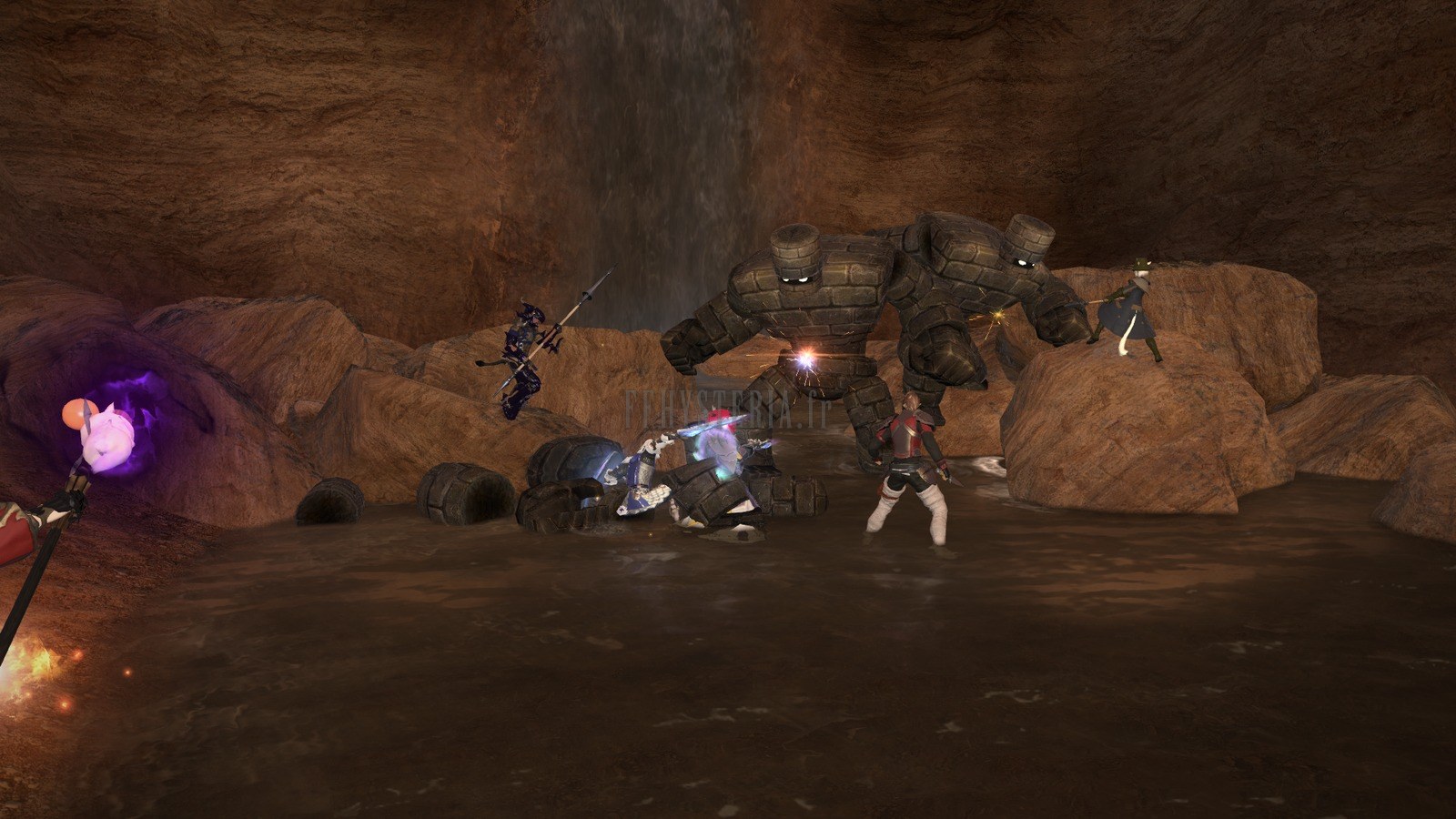 Quatre aventuriers face à deux golems de pierre : chaque job tient sa place dans le combat de groupe