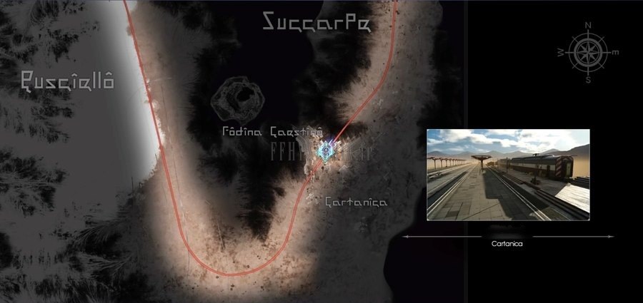 Plan de la région de Cartanica : la voie ferrée qui serpente entre Fodina Caestino et Succarpe, et le relais de Cartanica en vignette.