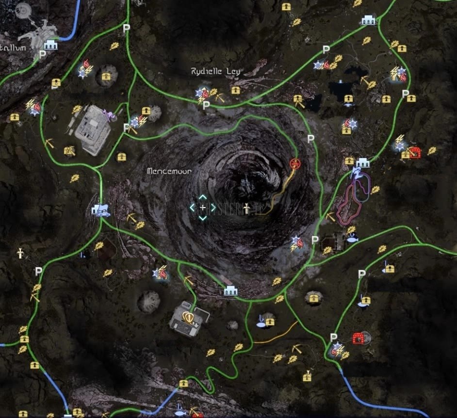 Plan de Duscae : le Disque de Cauthess au centre, les Prairies de Kelbass, le Bois de Nebula, le Fallgrove, avec les campements, les points de pêche et les gisements.