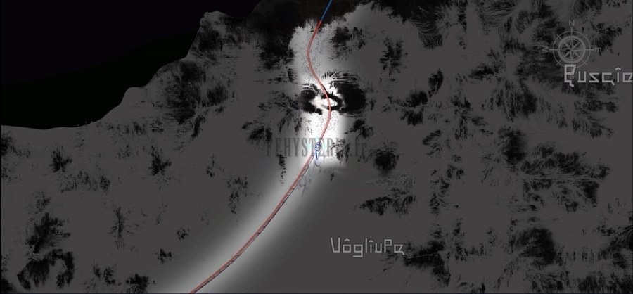 Plan de la Vallée de Ghorovas : la voie ferrée qui remonte le rift enneigé entre Vogliupe et Puscello.