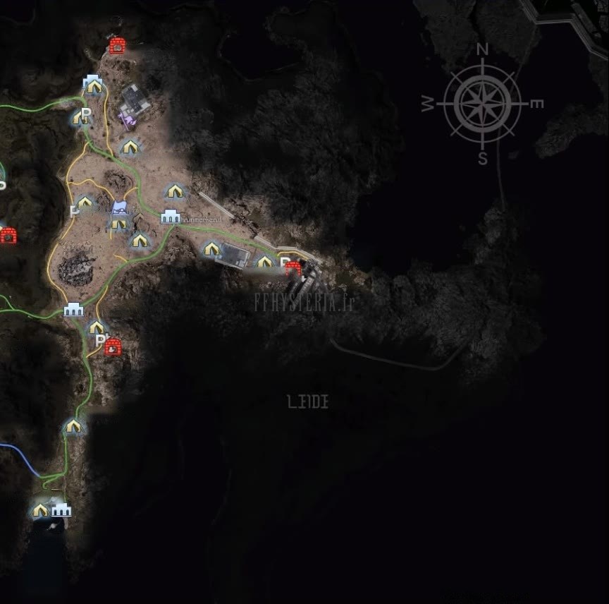 Plan de la région de Leide : le désert rouge, la route qui descend vers la Baie de Galdina, les aires de repos, les abris et les entrées de donjon que ce chapitre traverse.