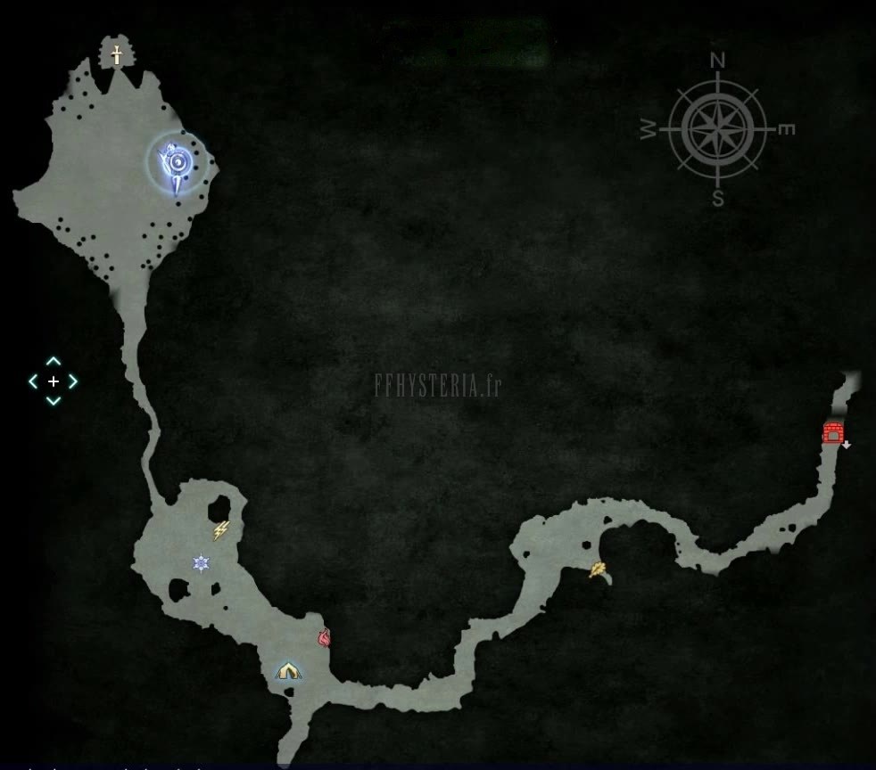 Plan du Fourré de Malmalam : le chemin unique depuis l'entrée est, le campement à mi-parcours et la clairière du Bandersnatch au nord-ouest.