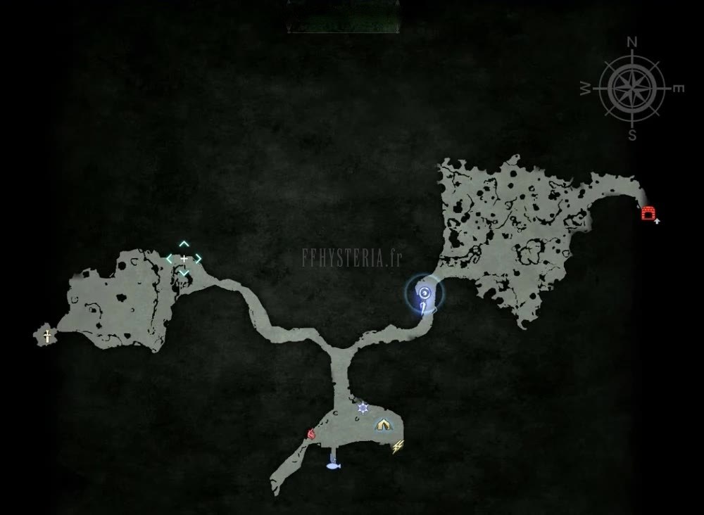 Plan de la Forêt de Myrl : le carrefour central en Y, la branche sud avec le campement et le spot de pêche, la grande zone est, et le tombeau royal marqué d'une croix tout à l'ouest.