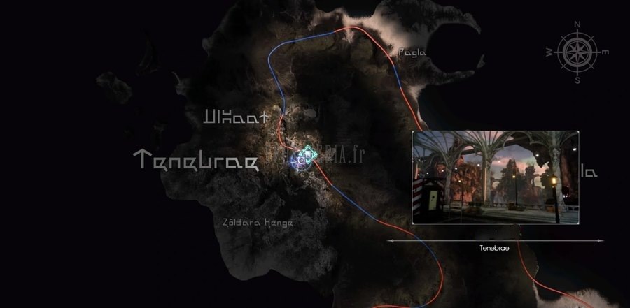 Plan de la région de Tenebrae : les deux voies ferrées qui la traversent, Ulkaat et Zoldara, et le relais de Tenebrae en vignette.