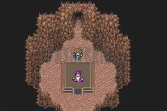 La grotte de Mr Clio : une salle de roche brune, le vieux sage assis sur une dalle au centre (version GBA)