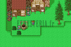 Le puits de Quelbe devant une maison de bois, entre les sapins (version GBA)