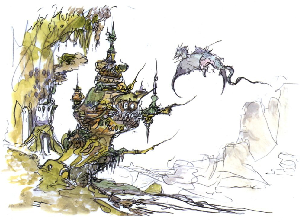 Un château effilé sur un rocher et des dragons en vol, aquarelle de Yoshitaka Amano