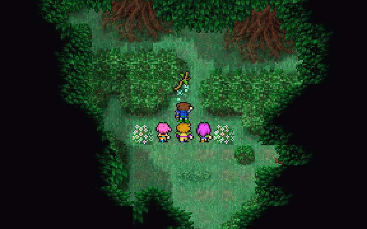 La même entrée de la forêt dans le Pixel Remaster : le groupe entouré de petits êtres roses devant les arbres