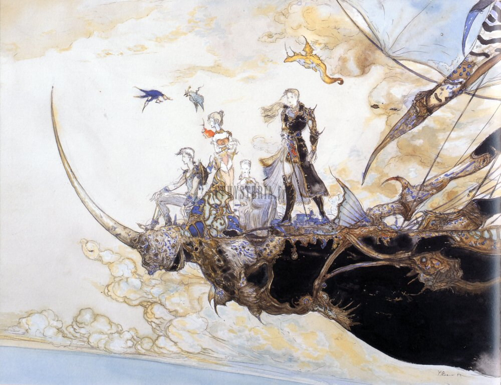 Les héros debout sur un vaisseau volant, peint par Yoshitaka Amano