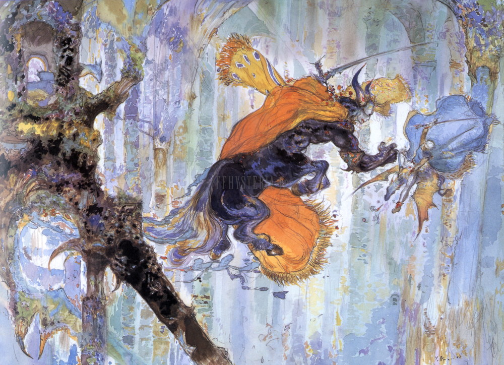 Une silhouette en cape orange bondissant dans une forêt de cristaux bleus, peinte par Yoshitaka Amano