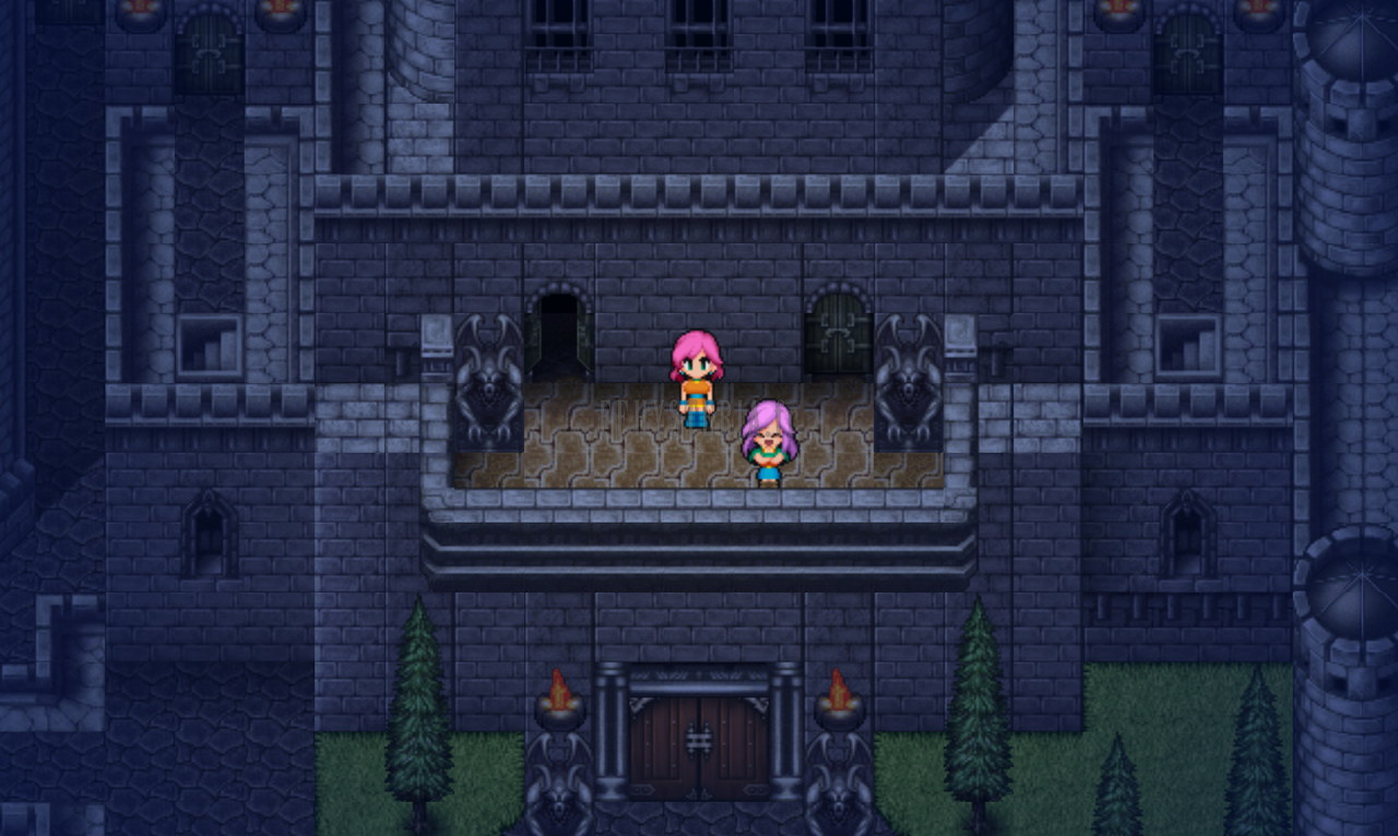 Le château de Tycoon de nuit : Lenna et Faris sur le balcon, au-dessus de la porte (version mobile/PC 2013)