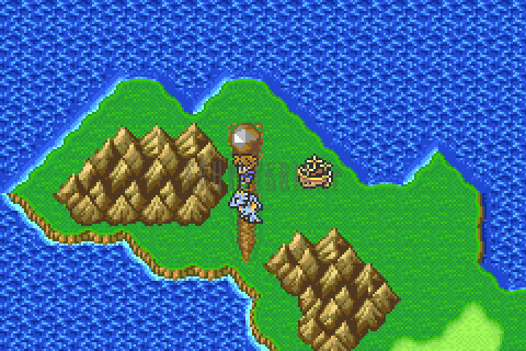 L’Aérolithe de Wolse sur son île montagneuse, sur la mappemonde (version GBA)