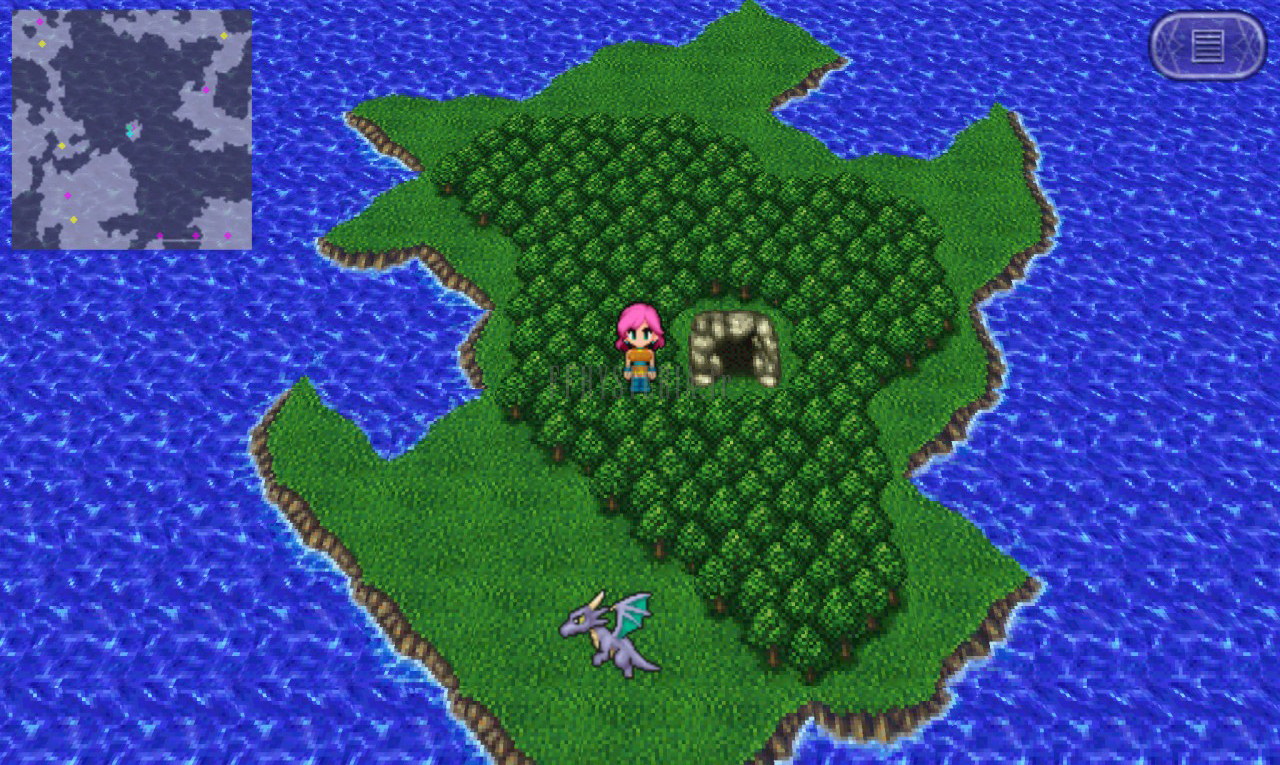 L’île de Ghido sur la mappemonde : forêt, entrée de grotte et le Hiryû sur la plage (version mobile/PC 2013)