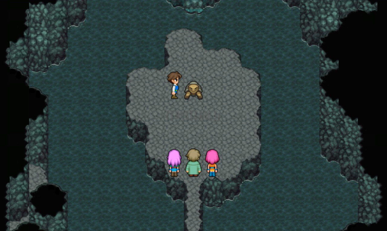 Bartz et une tortue au milieu d’une salle de roche, le reste du groupe derrière (version mobile/PC 2013)