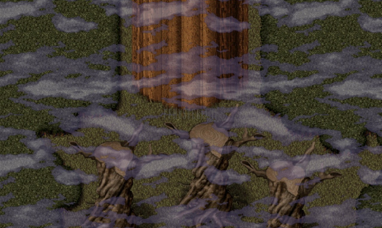 Le tronc géant de l’Arbre Gardien au milieu de la forêt calcinée et brumeuse (version mobile/PC 2013)