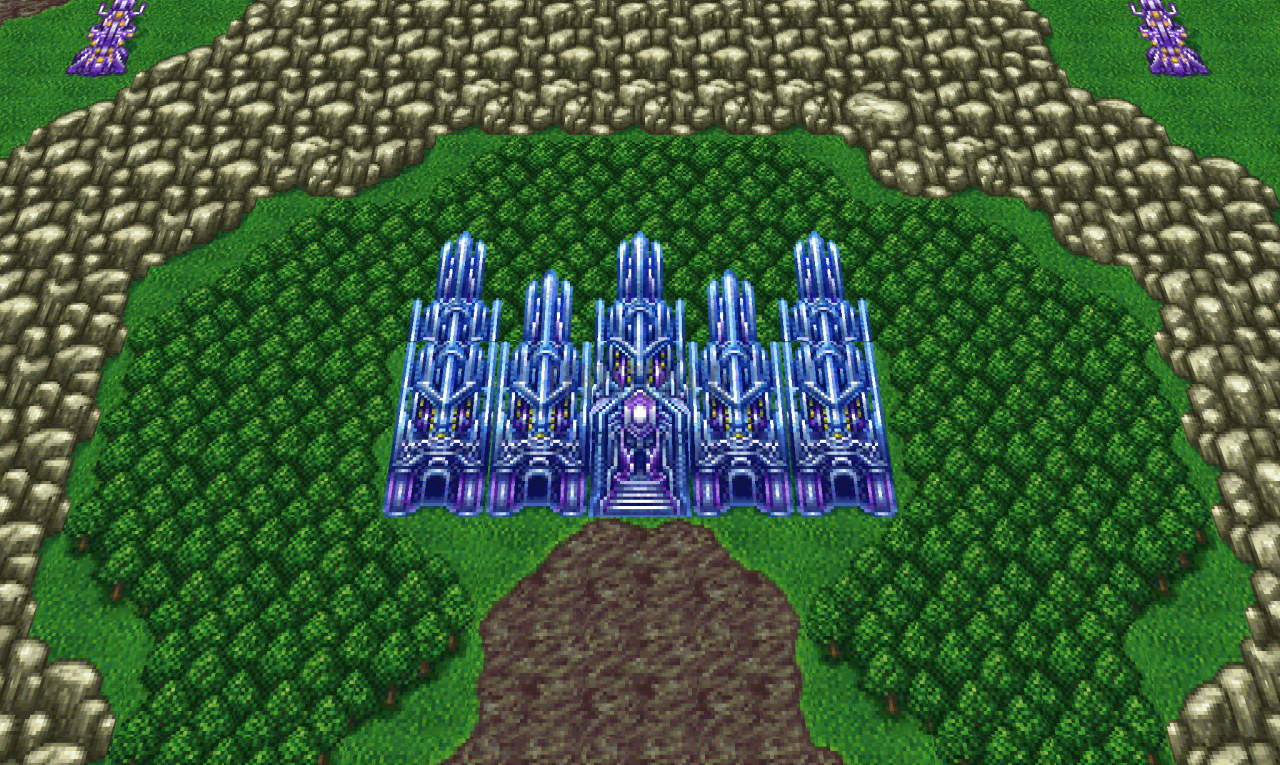 Le Château Exdeath et ses flèches de cristal bleu au bout d’un chemin en forêt, sur la mappemonde (version mobile/PC 2013)