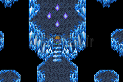 Une salle bleue cristalline au sommet d’un escalier, quatre flammes violettes autour du personnage (version GBA)