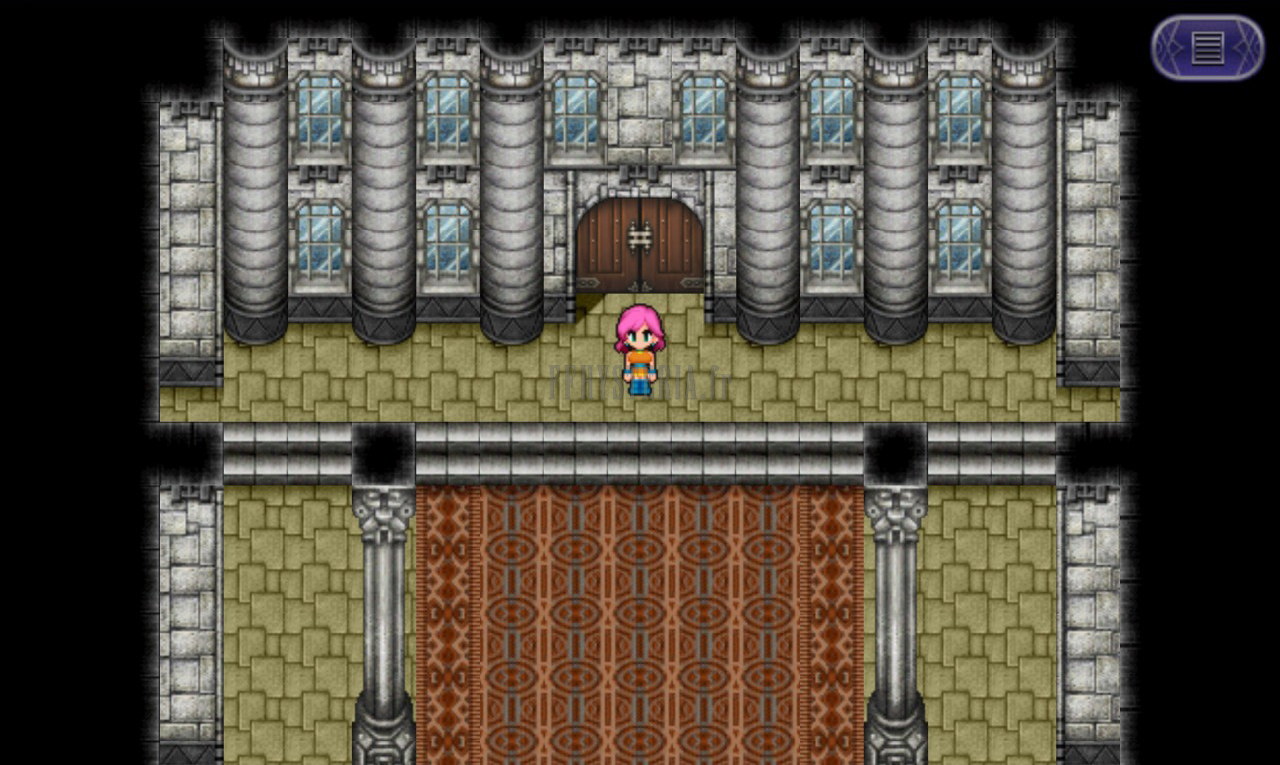 Le grand hall de Kuza : une porte monumentale au bout d’une galerie à colonnes (version mobile/PC 2013)