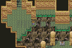 L’intérieur des Ruines de Ronka : galeries de pierre dorée, piliers et plateformes suspendues (version GBA)