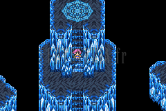 Le chemin d’Enuo en version GBA : un escalier bleu cristallin entre des cascades, sur fond noir