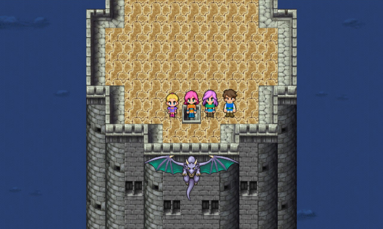 Au sommet de la Tour du Phénix, le groupe sur la terrasse, un dragon ailé en contrebas (version mobile/PC 2013)