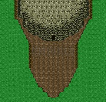 Plan de l’extérieur de l’Aérolithe de Gohn (version SNES) : l’entrée sombre au sommet d’une large traînée de terre