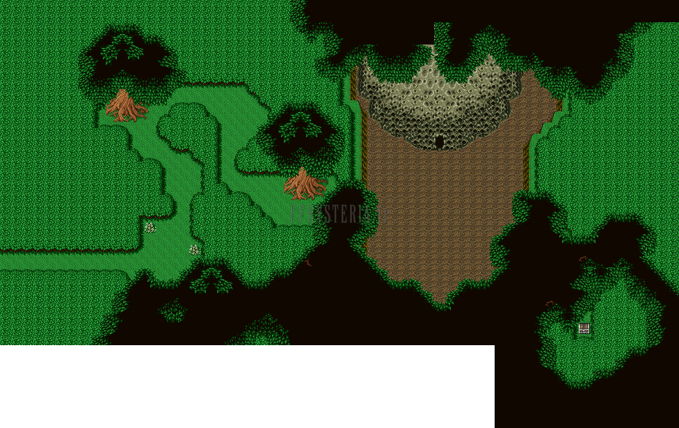 Plan des abords de l’Aérolithe de Tycoon (version SNES) : le cratère et l’aérolithe en haut à droite, les sentiers de la forêt à gauche
