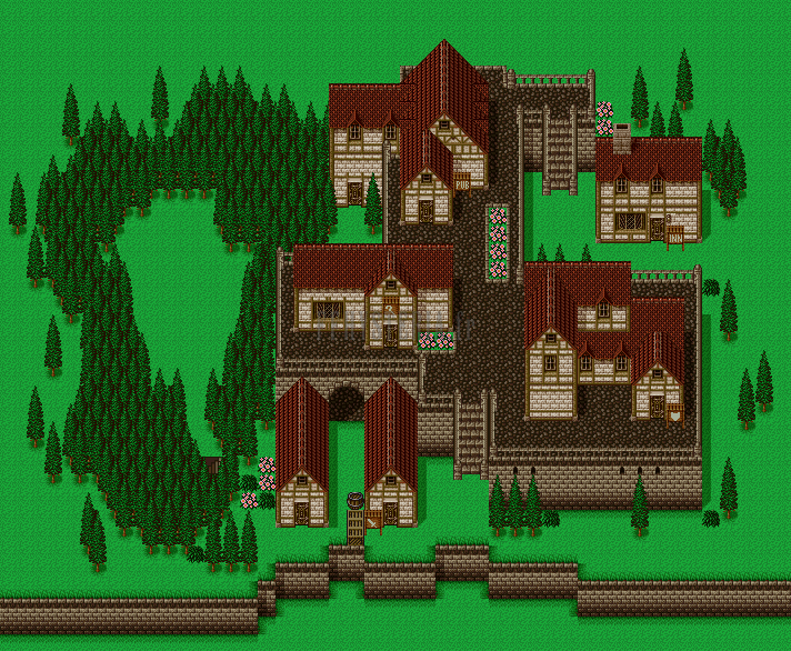 Plan complet de Fantasmagor : maisons à toits rouges, ruelles et sapins autour du village (version SNES)