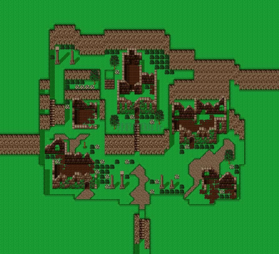Plan des ruines de Gohn (version SNES) : maisons effondrées, murets et chemins de terre, l’entrée au sud