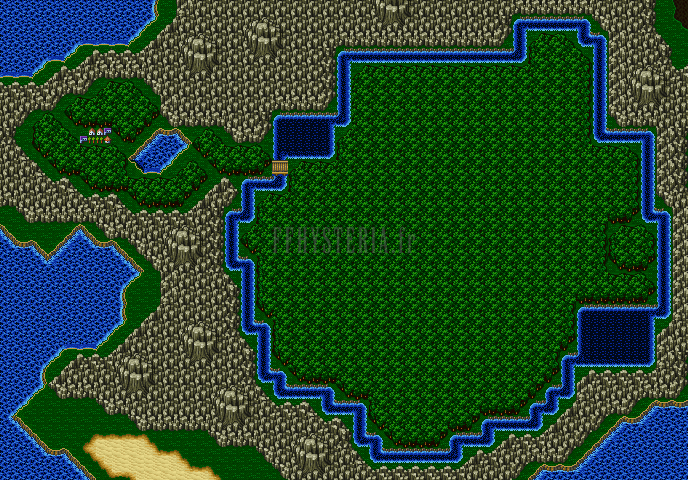 La Grande forêt de Mua sur la mappemonde, cernée d’un liseré bleu ; à l’ouest, le village de Mua près de son lac, relié à la forêt par un petit pont