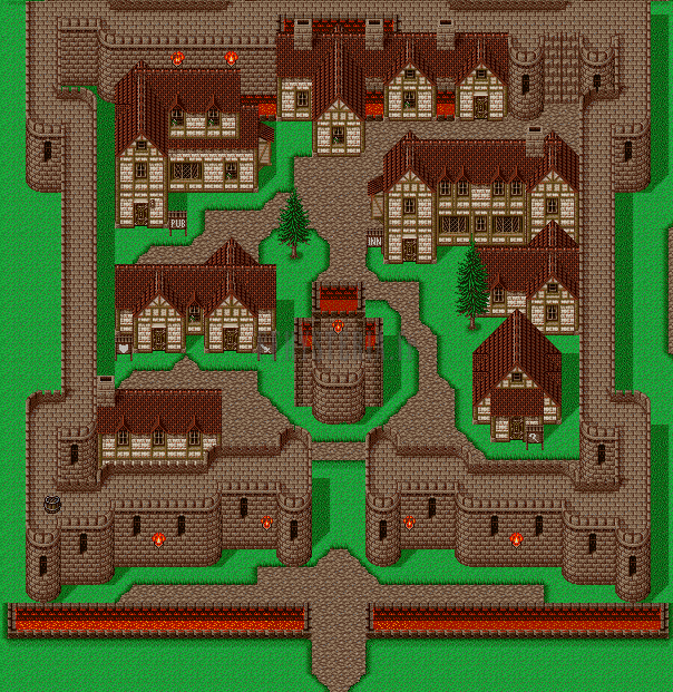 Plan de Karnak : les remparts tout autour, la tour centrale et les maisons, l’entrée en bas (version SNES)